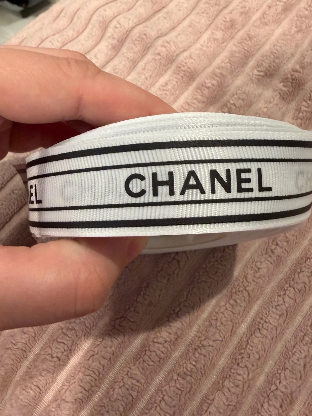 CHANEL White Ribbon with Black Logo Stripes 40 yards